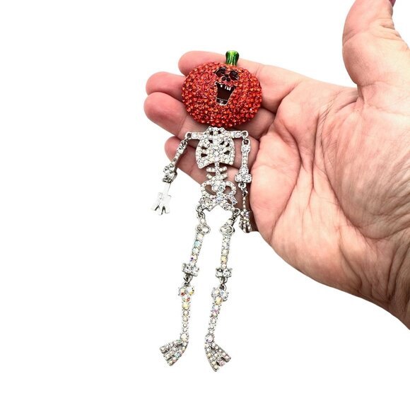 Kirks Folly Womens Brooch Jumping Jack Halloween Skeleton Pumpkin Silver Tone - Picture 1 of 5